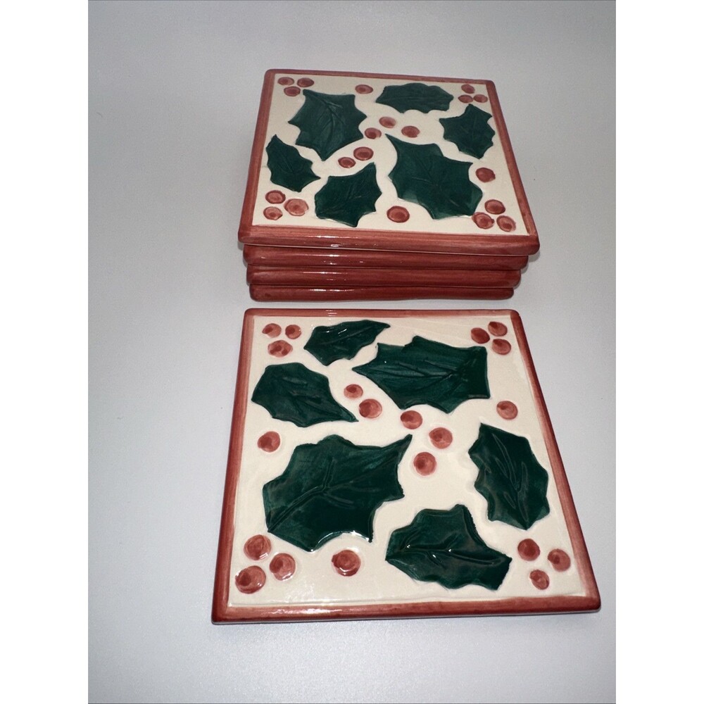 NWT Holiday Ceramic Holly Berry Square Coasters Set of 5